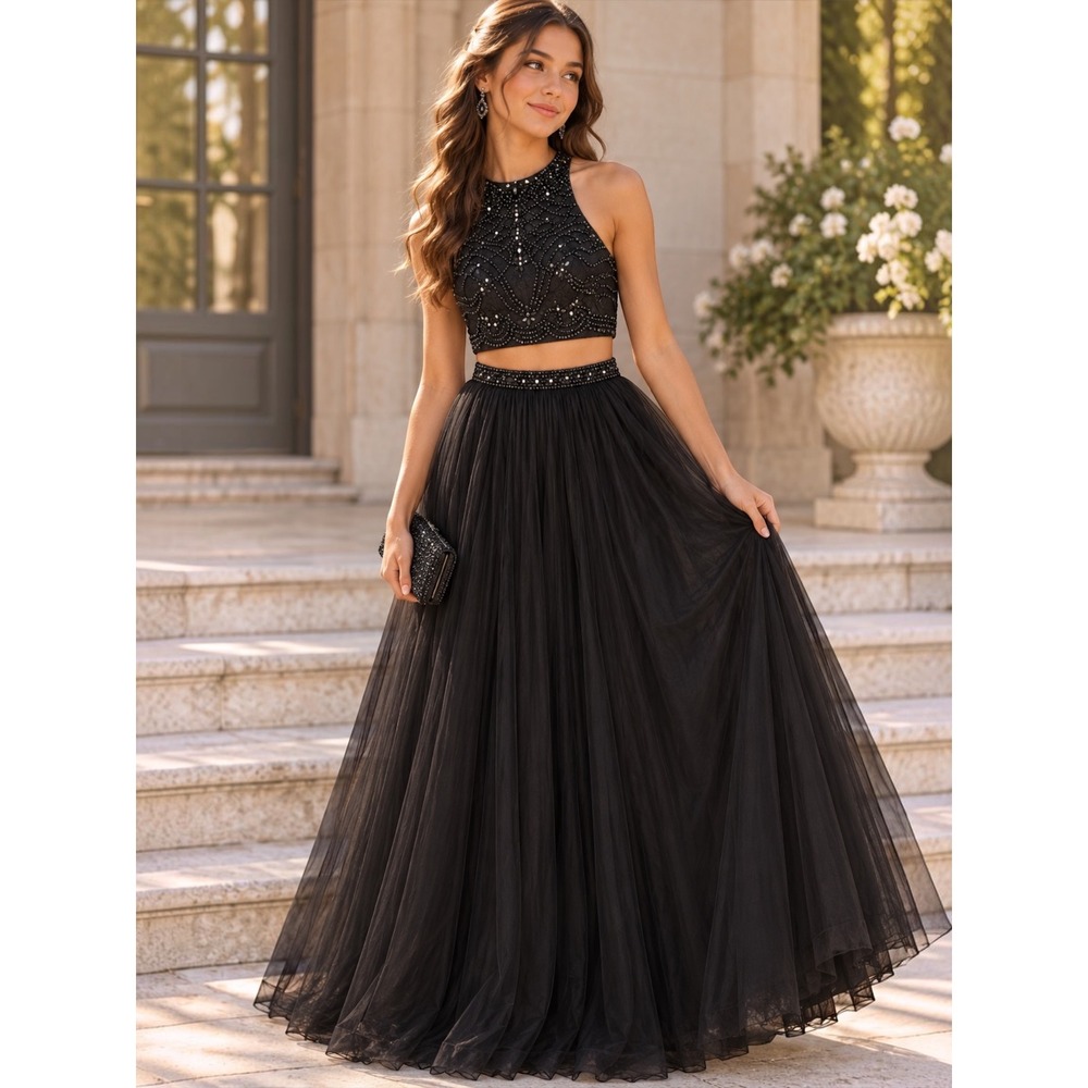 HEBEOS Black Beaded Two Piece Prom Dress Tulle Skirt Formal Gown XS